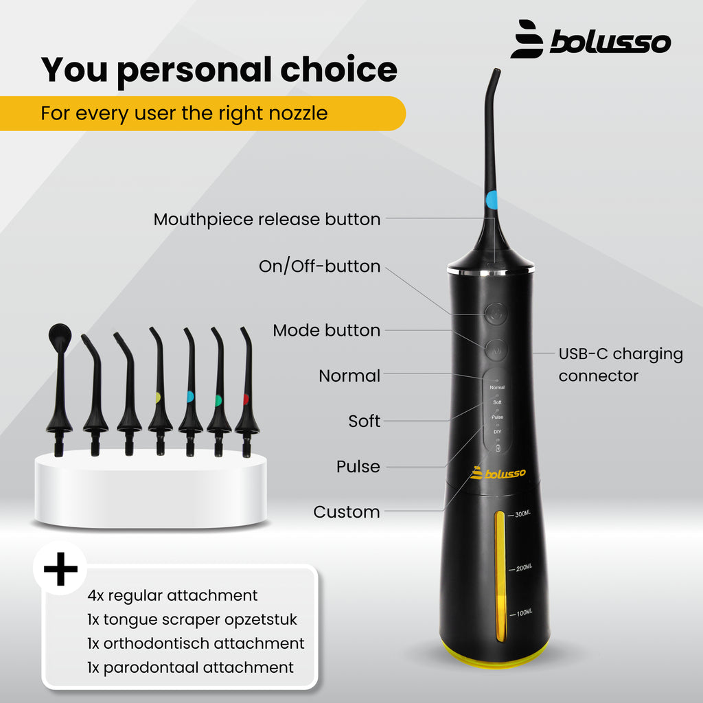 Bolusso Water Flosser - Includes 7 Attachments - Travel bag - E-book -